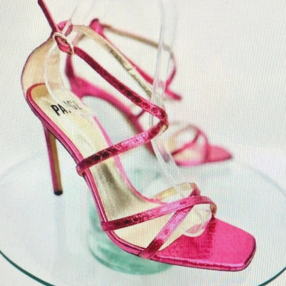 Paige Vera Stiletto Heels Metallic Pink Snakeskin Ankle Strap Strappy